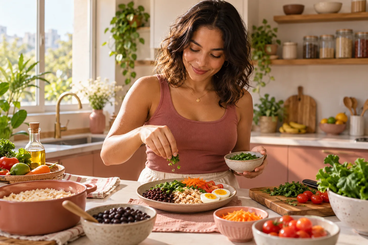Mulher prepara uma refeição com arroz, feijão e vegetais em uma cozinha. Ilustração gerada por IA.