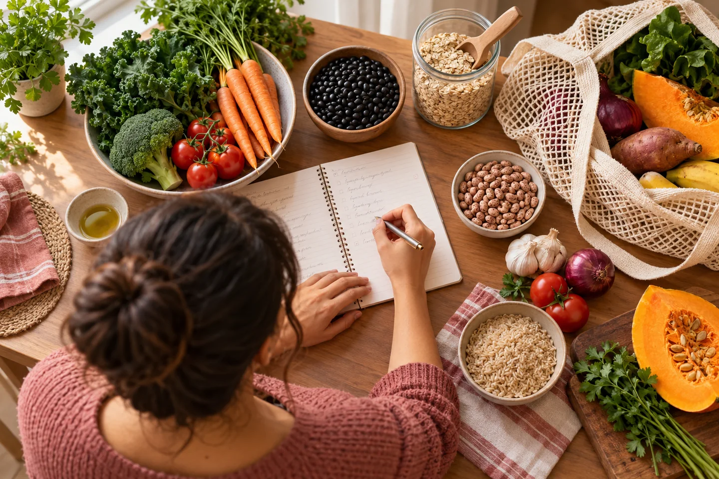 Planejamento de compras ao lado de alimentos variados e sacola reutilizável.