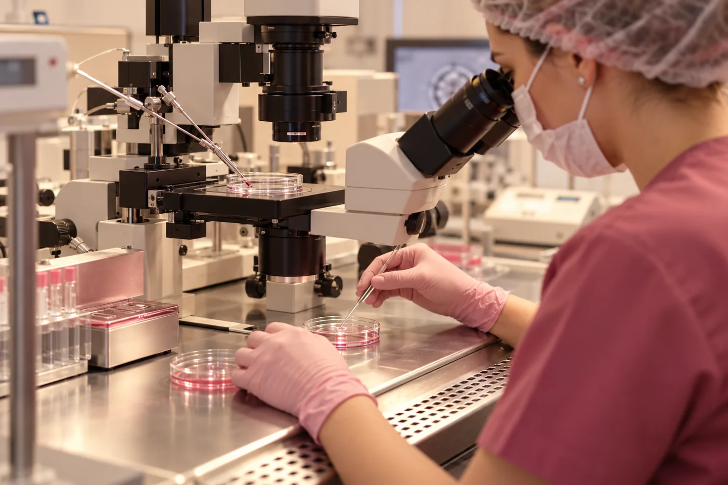 Profissional trabalha com microscópio e materiais de laboratório de reprodução.