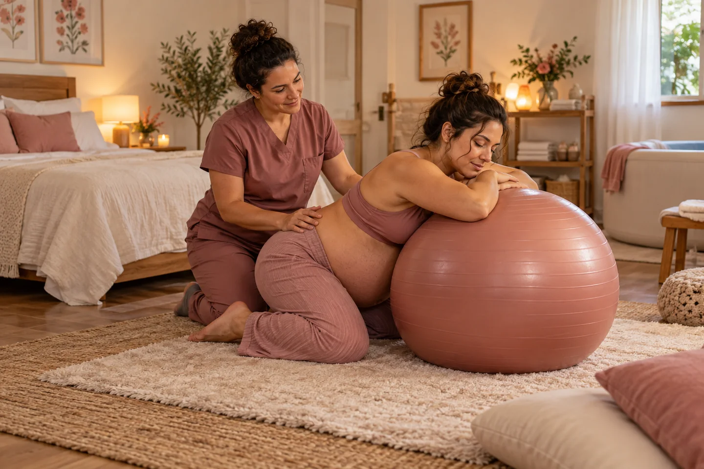 Gestante recebe apoio junto a uma bola de parto em ambiente acolhedor.