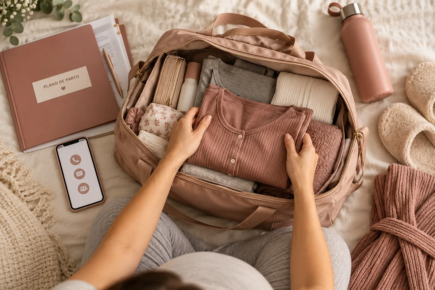 Bolsa de maternidade organizada junto a pasta de plano de parto e telefone.