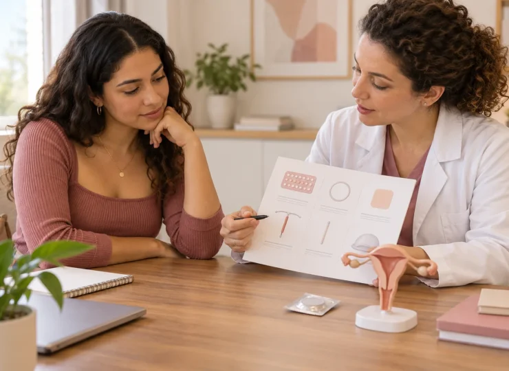 Mulher e profissional conversam sobre alternativas de contracepção. Ilustração gerada por IA.