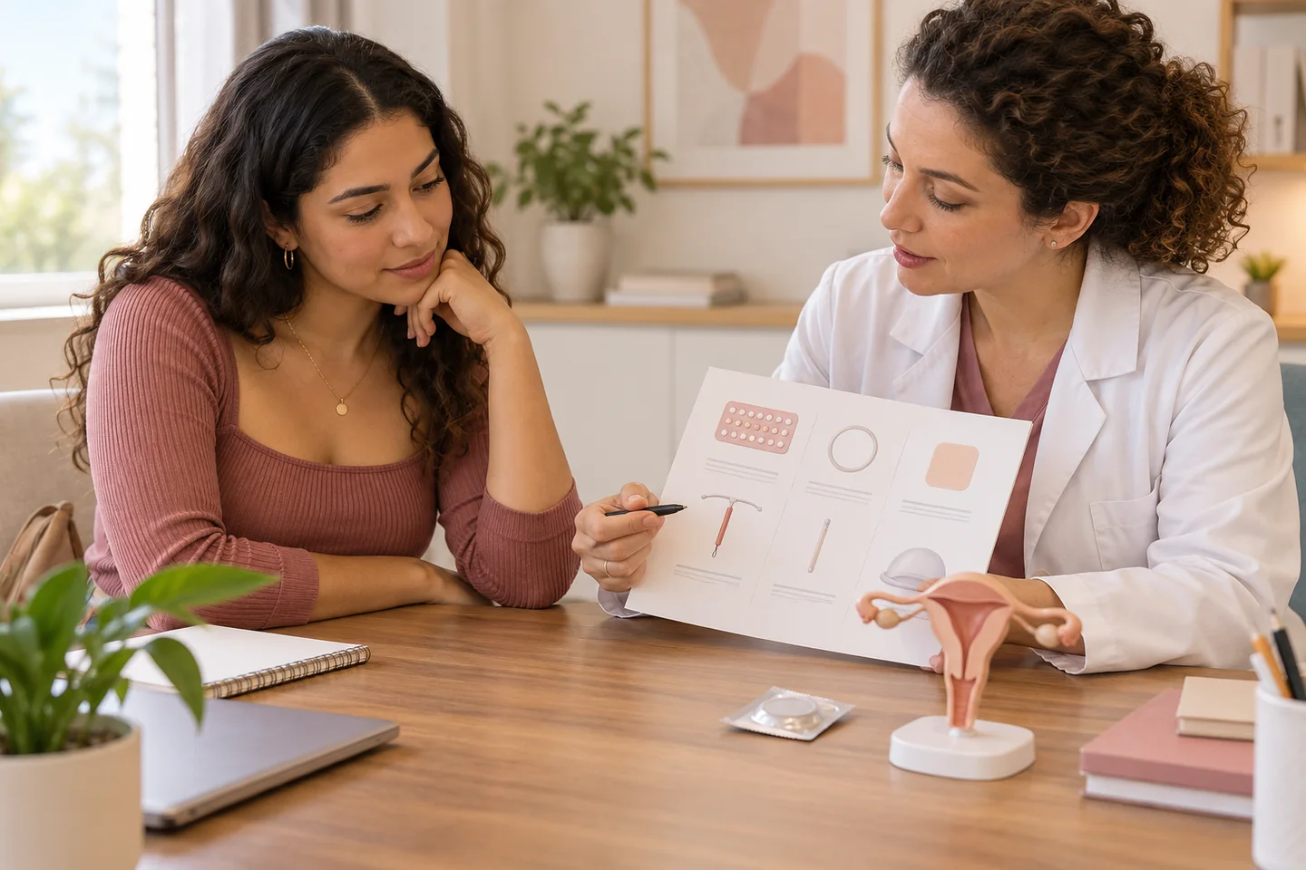 Mulher e profissional conversam sobre alternativas de contracepção. Ilustração gerada por IA.