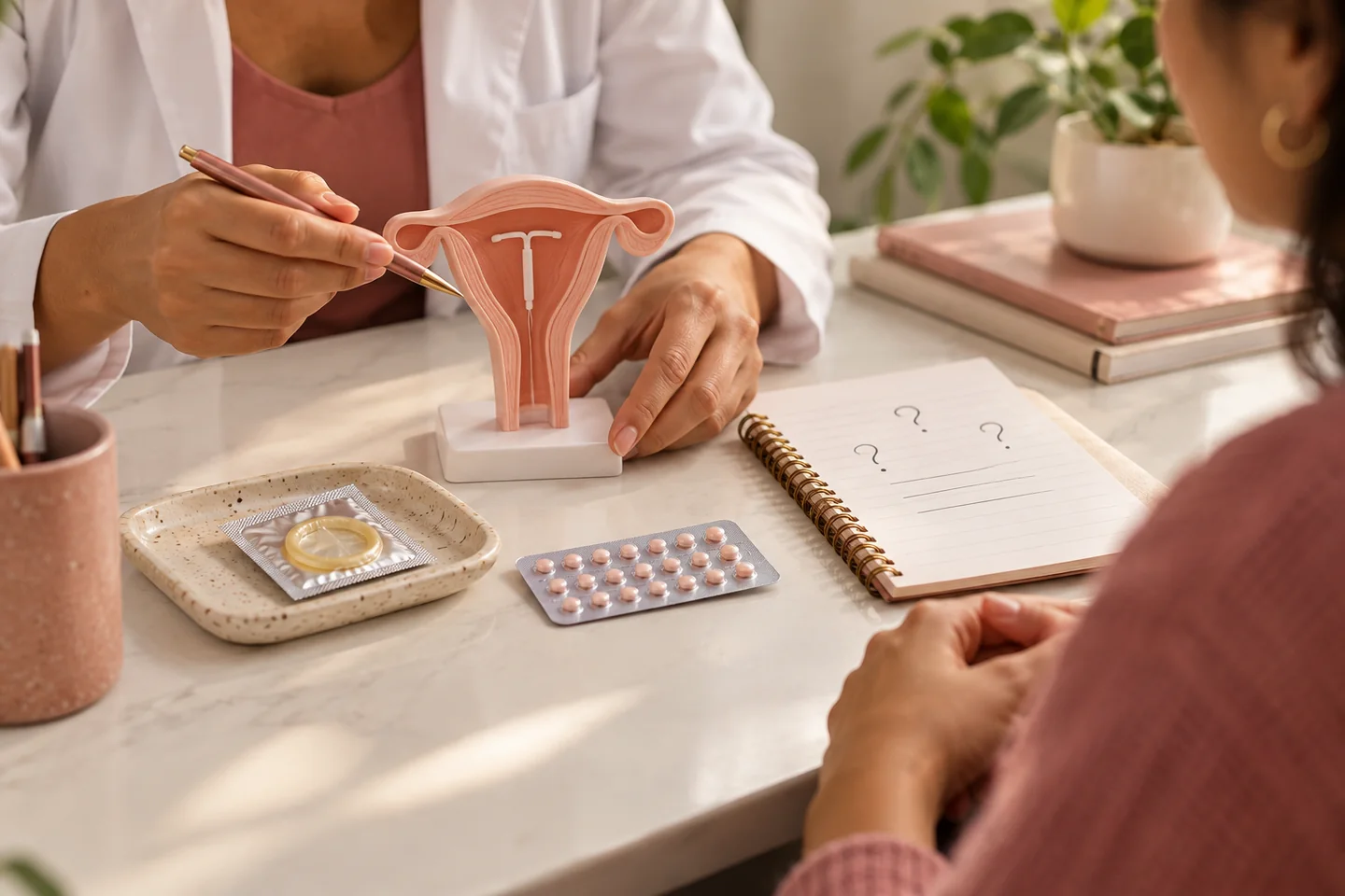 Materiais educativos sobre contracepção e modelo de demonstração, sem indicação individual.