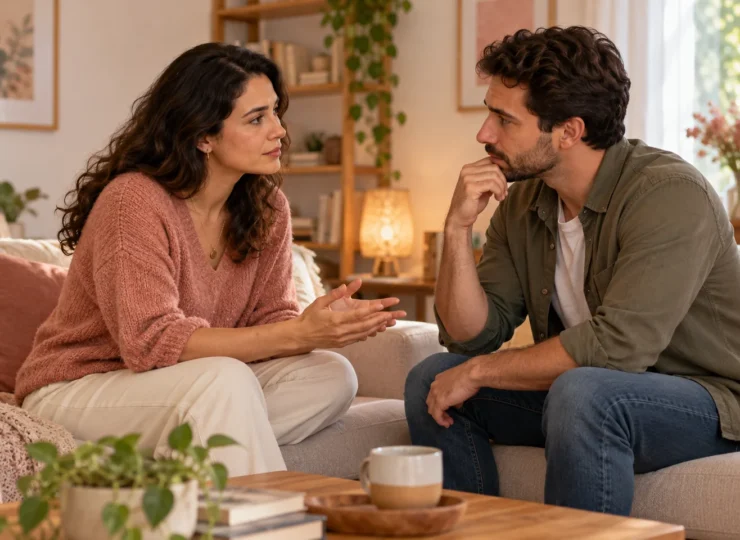 Casal conversa com atenção e respeito em uma sala. Ilustração gerada por IA.