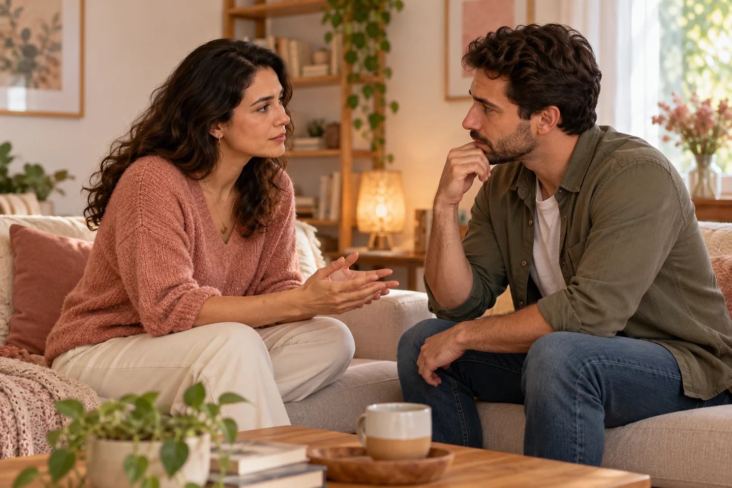 Casal conversa com atenção e respeito em uma sala. Ilustração gerada por IA.