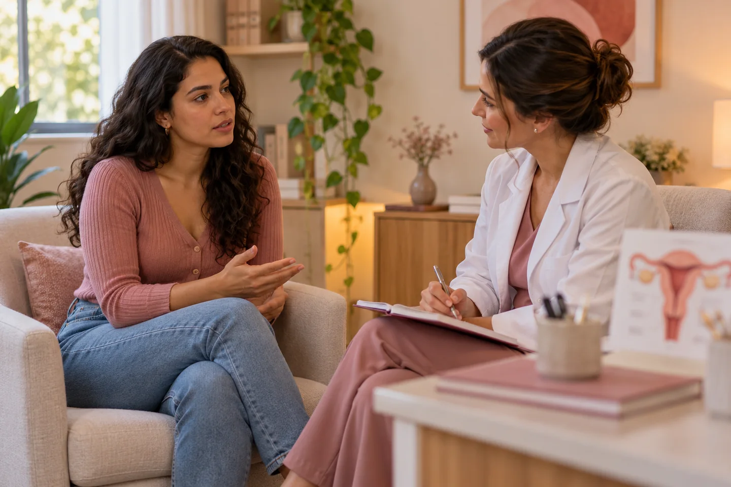 Mulher conversa com profissional em atendimento reservado sobre desconforto.