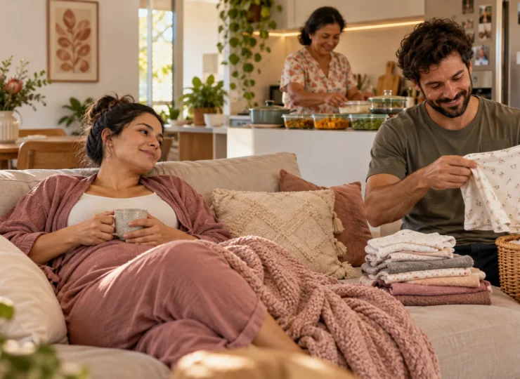 Mulher descansa enquanto familiares dividem tarefas da casa e preparo de refeições. Ilustração gerada por IA.