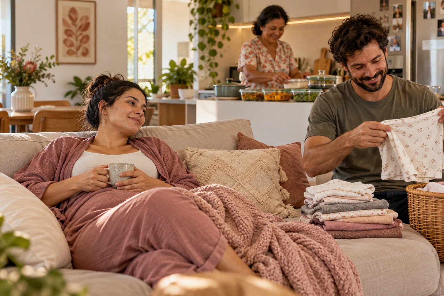 Mulher descansa enquanto familiares dividem tarefas da casa e preparo de refeições. Ilustração gerada por IA.