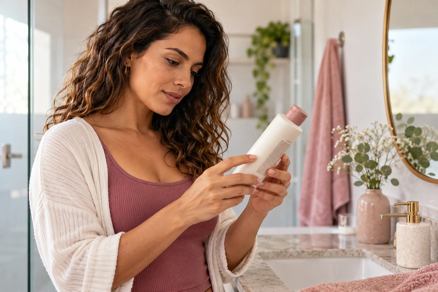 Mulher lê o rótulo de um cosmético antes de escolher como utilizá-lo.